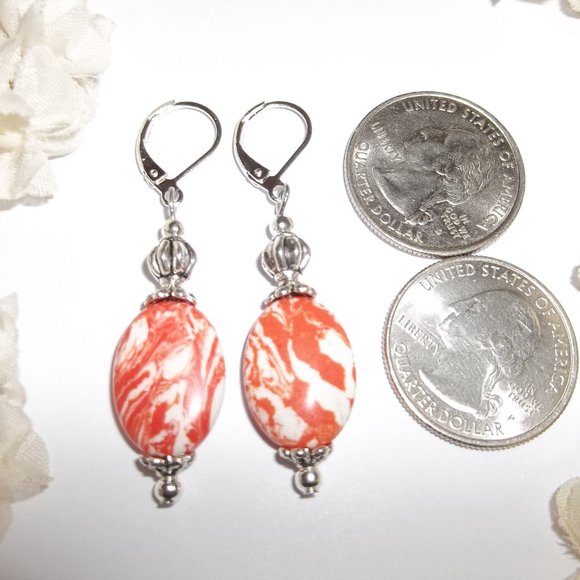 Orange & White Gemstone Earrings Beaded Jewelry Unique Colorful Lever Back 6737 - Picture 2 of 8